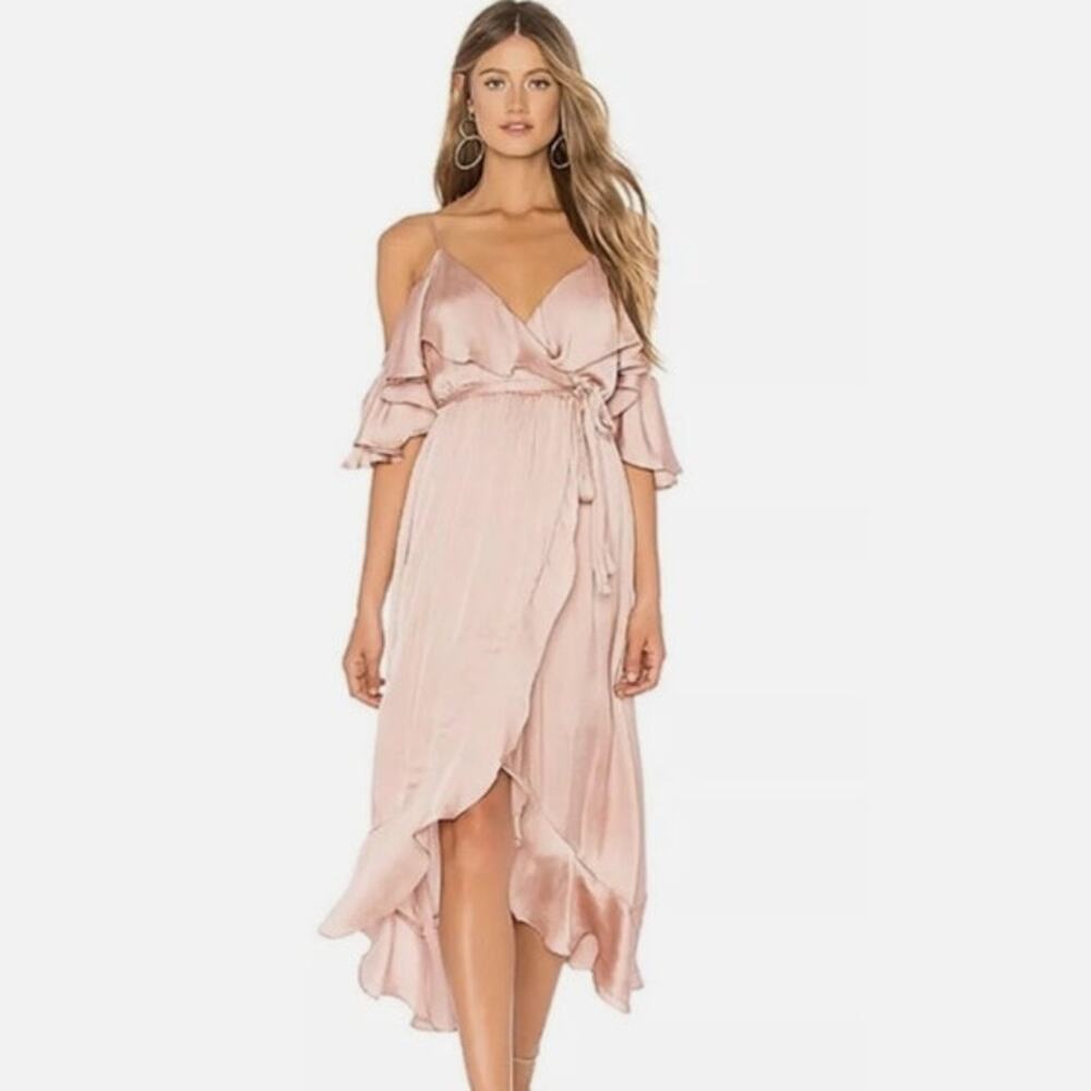 Bardot Bea Wrap Dress Womens XS Biscotti Tan Midi Wedding Guest Flutter Sleeve